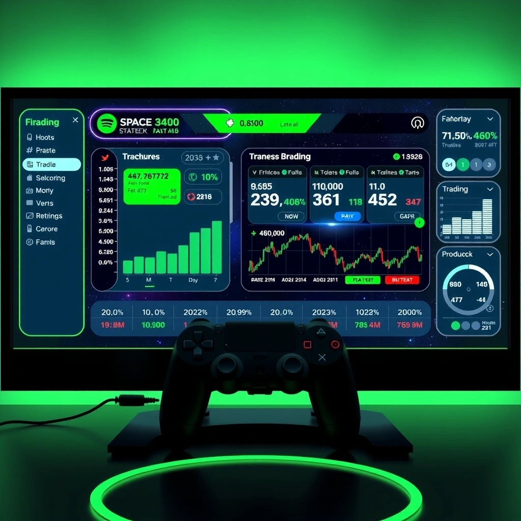 Space strategy game interface with financial charts
